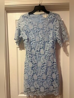 NWT Women’s Loveriche Sheath Feminine Floral Lace Overlay Pastel Blue Garden M